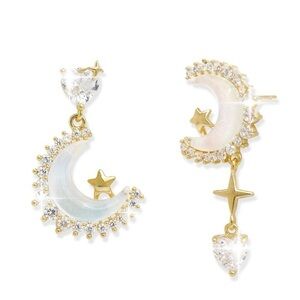 Gold and White Crescent Moon Earrings